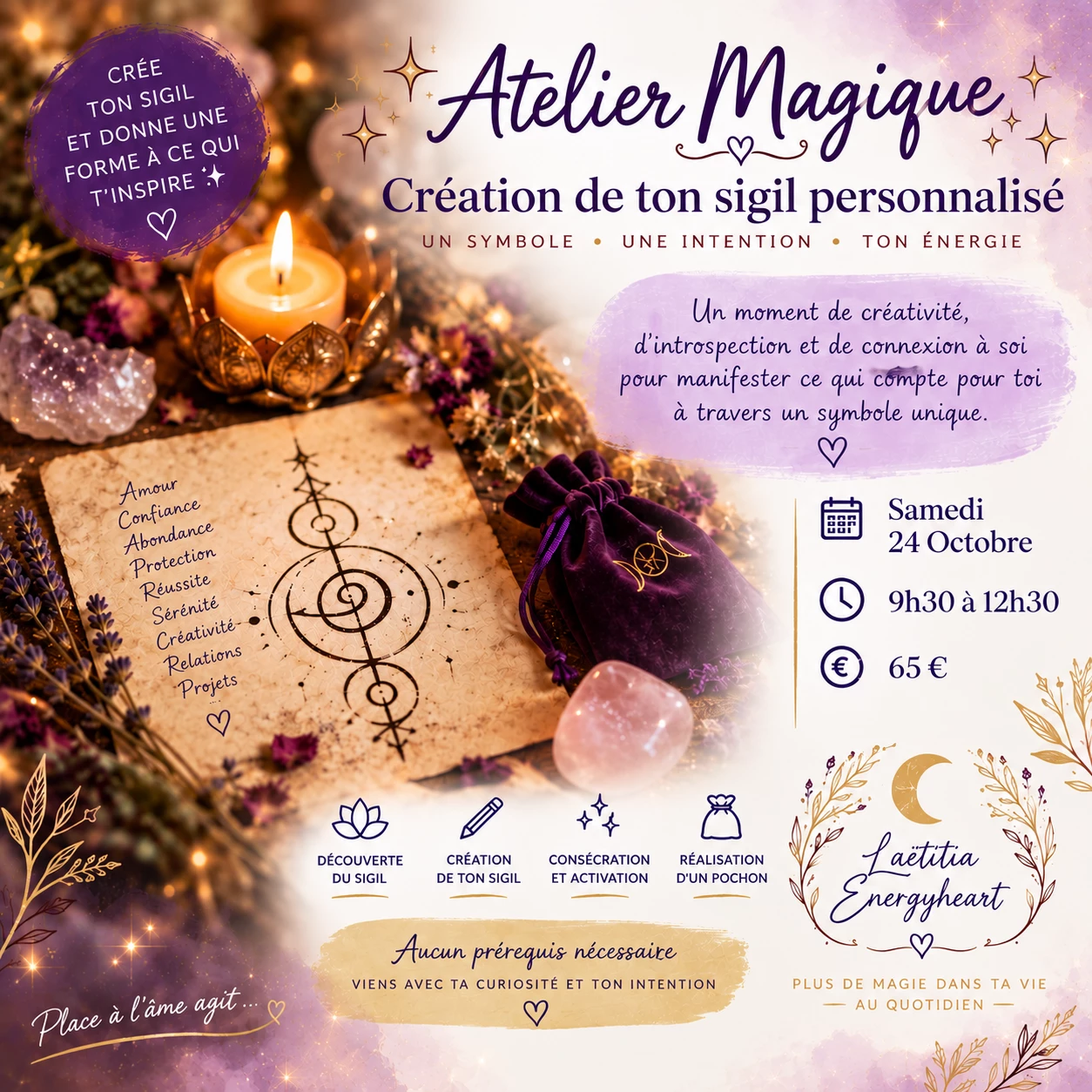 Lors de cet atelier, je t’invite à découvrir l’univers fascinant des sigils et à créer ton propre sceau magique, entièrement personnalisé.